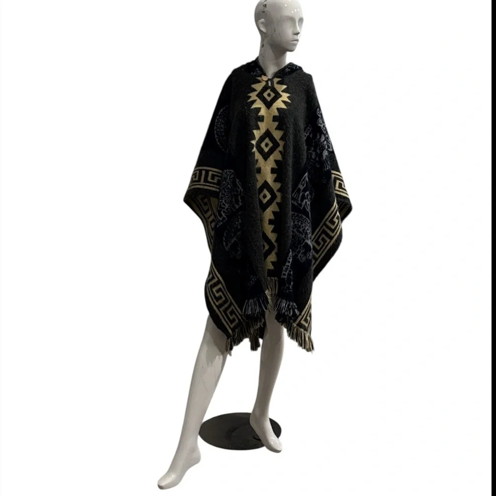 Unisex Andean Aztec Alpaca Blend Hooded Charcoal Multi Fringed Poncho Size OS